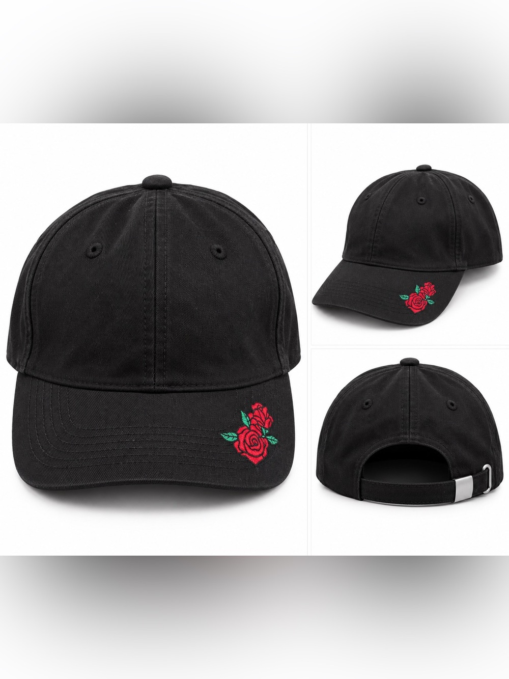 Black Rose Embroidered Baseball Cap - Women Accessories